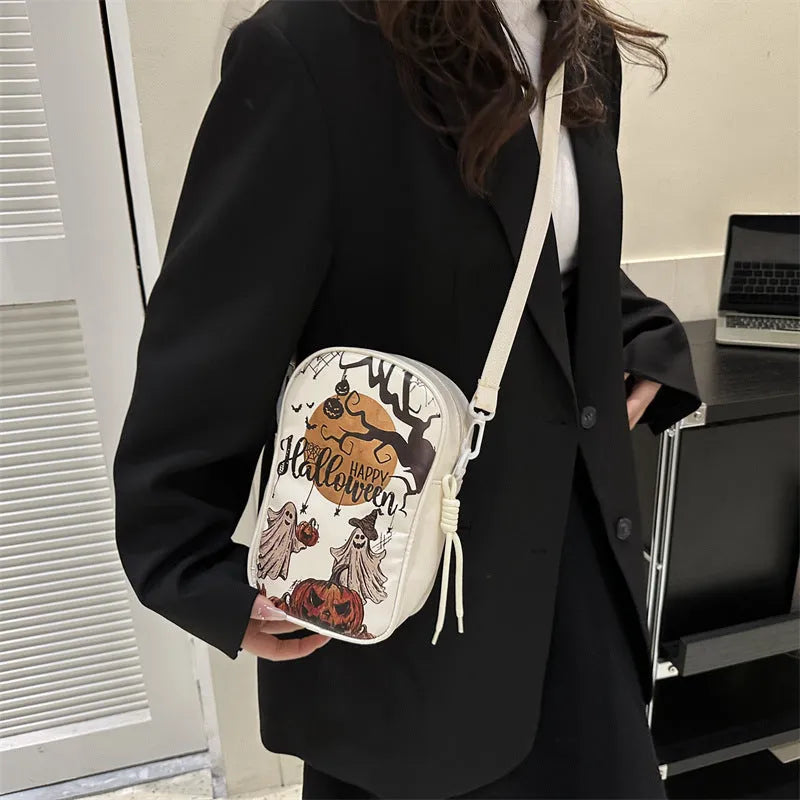 Halloween graffiti print crossbody bag with pumpkin ghost bat design in PU leather