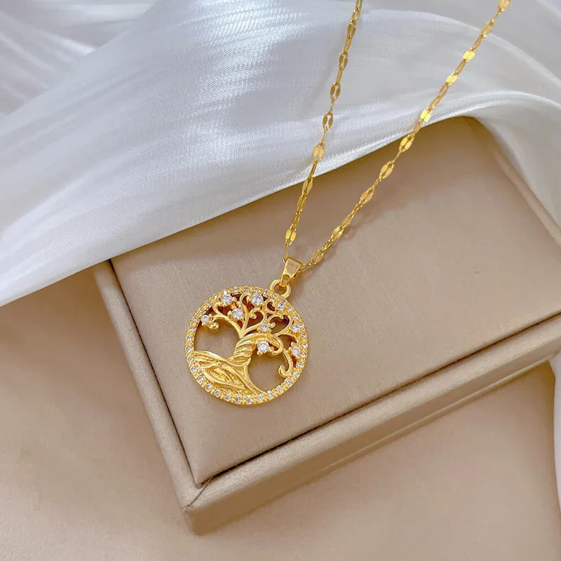 Gold-plated lucky tree necklace with mother pearl pendant on adjustable stainless steel chain
