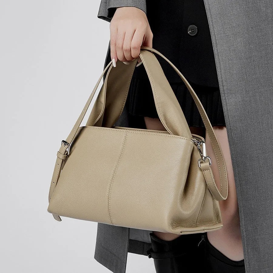 Women's genuine cowhide messenger bag in horizontal square shape with double shoulder straps