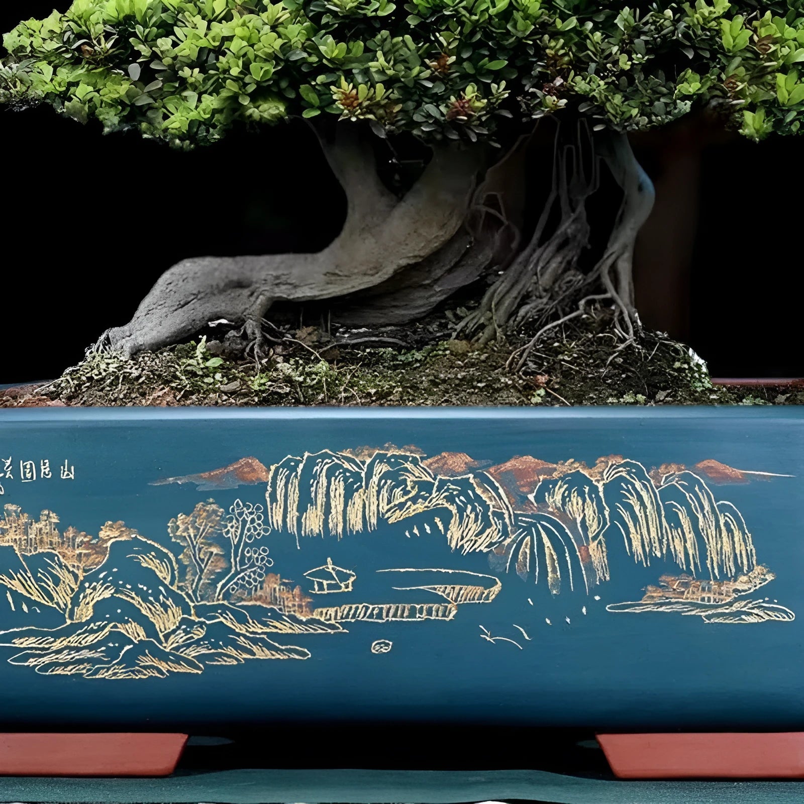 Purple clay rectangle flower pot with banyan tree motif, 40.5x29x14cm, Deep Blue Black