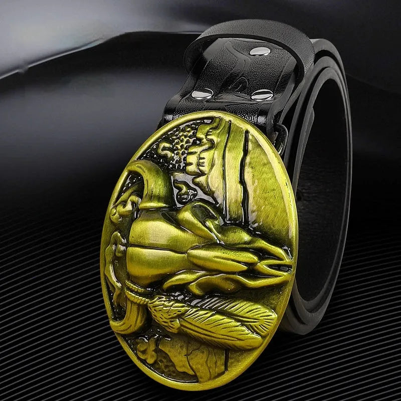 Men's black imitation leather belt with a detailed silver-toned alloy cow head buckle and pin buckle fastening.