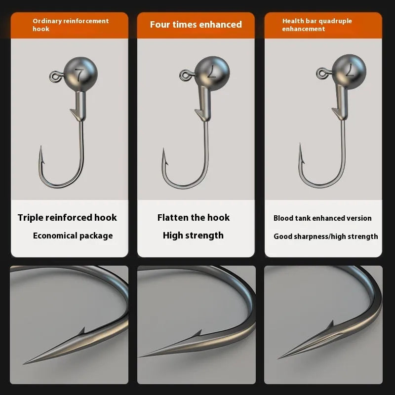 Set of 50 reinforced steel jig hooks with lead-headed design and primary colour finish