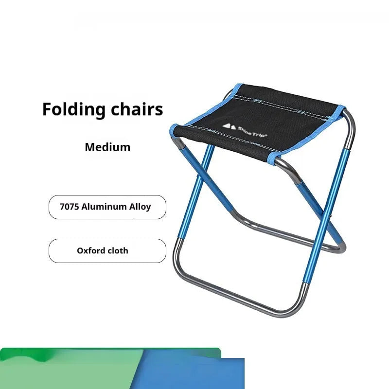 Black national style aluminium alloy folding stool shown in folded and unfolded positions.