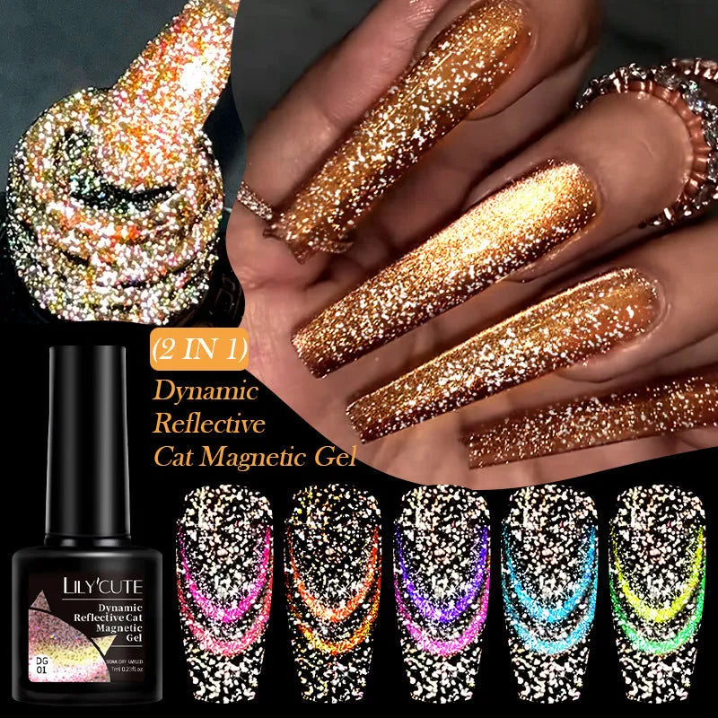 Diamond In The Debris cat eye nail polish gel bottles showing six colour variations with diamond fragments