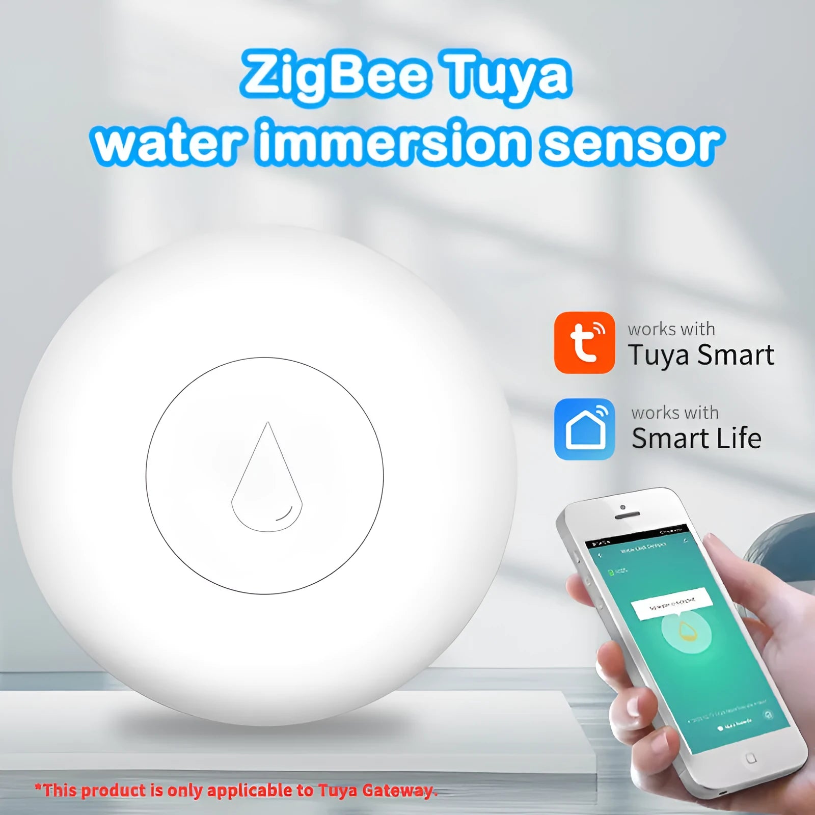 Small white Zigbee wireless water leak sensor with FCCID and CE markings on a flat surface.