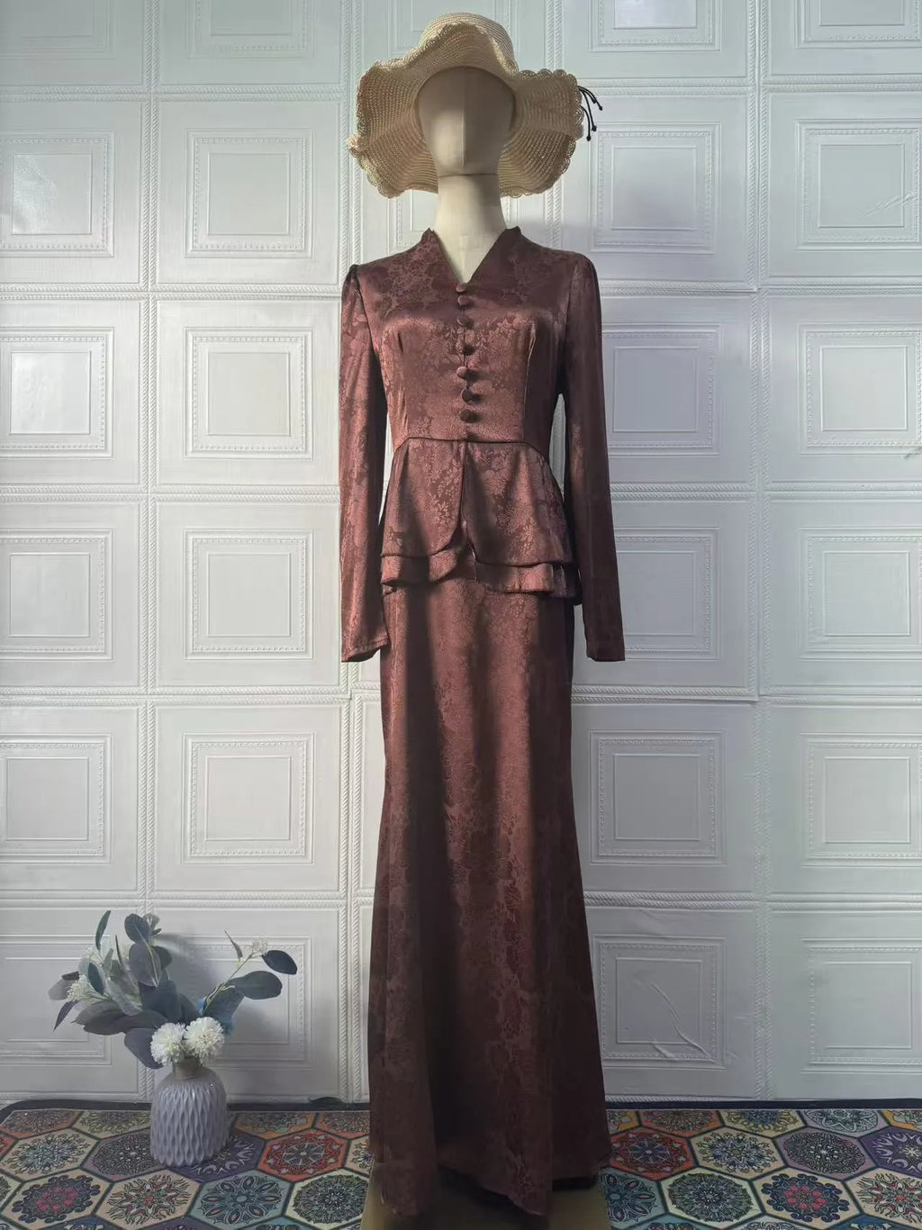 Dark brown artistic retro long sleeve dress with floral pattern and button details