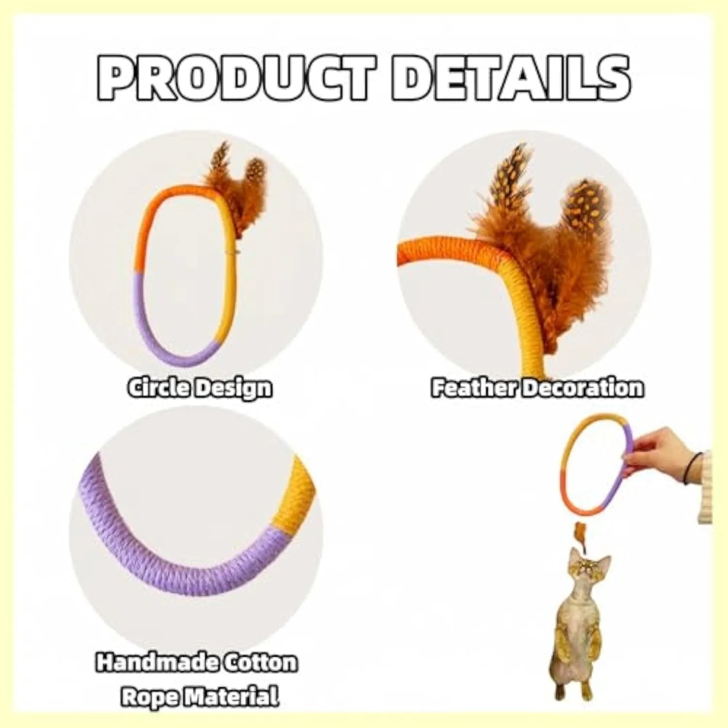 Green circular cotton rope cat toy with feather attachments for chewing and interactive play