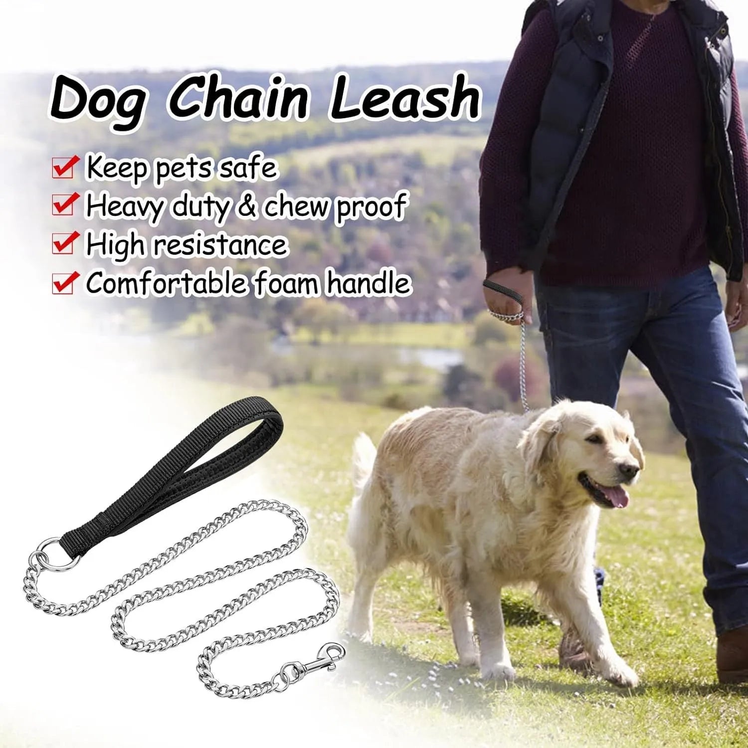 Heavy duty metal dog chain leash with soft black padded handle, shown in black, blue, and red.