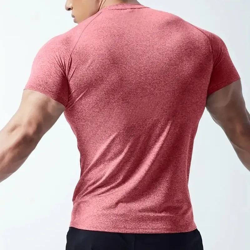 Men's black stretch polyester quick-drying short sleeve T-shirt with round neck