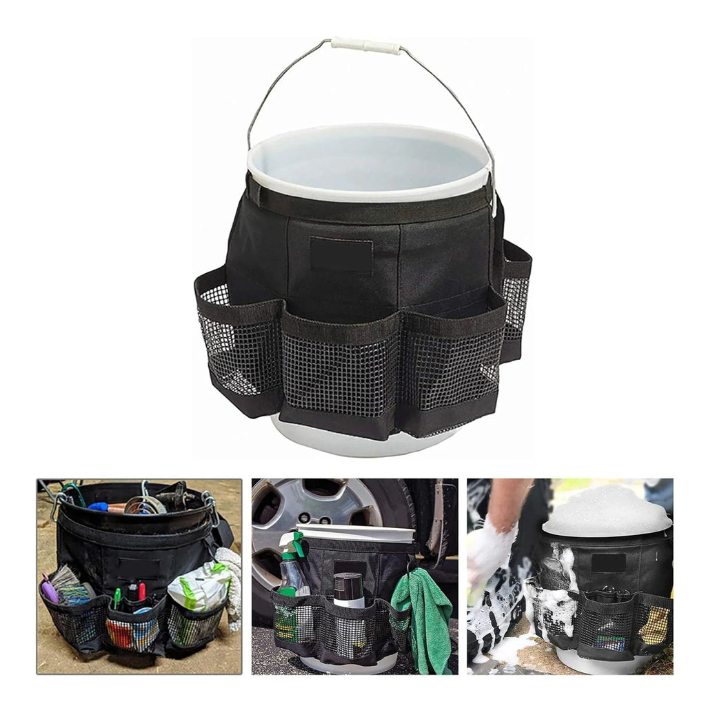 Black cylindrical waterproof polyester storage bag hanging with car washing tools and fishing equipment