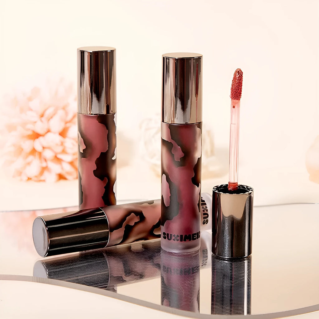 Lava Secret Matte Lip Mud Lipstick in five shades: orange brown coffee, cool grey, cinnamon coffee, jujube red, and smoked purple.