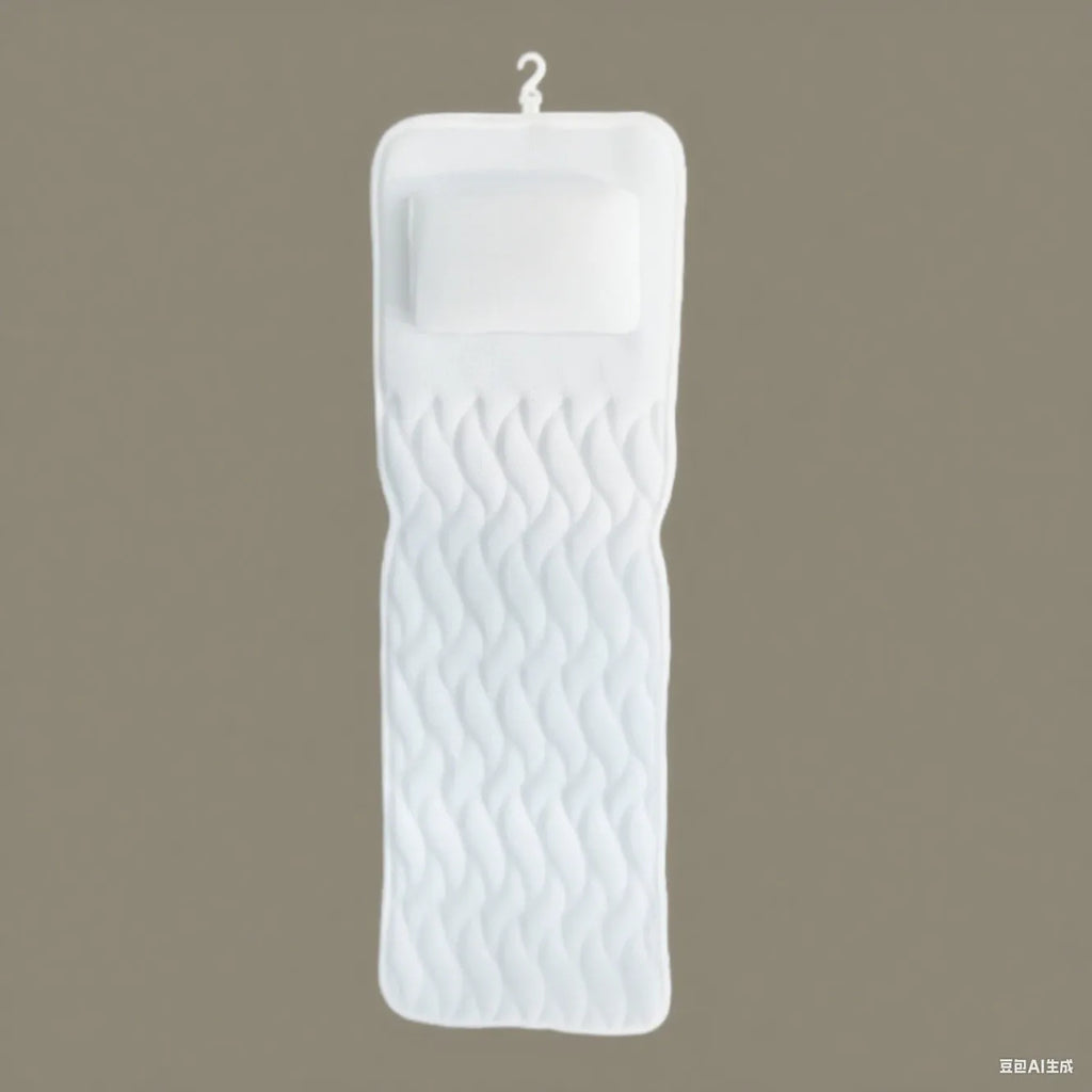 White 4D mesh bathtub pillow with suction cups on a clean bathtub surface.