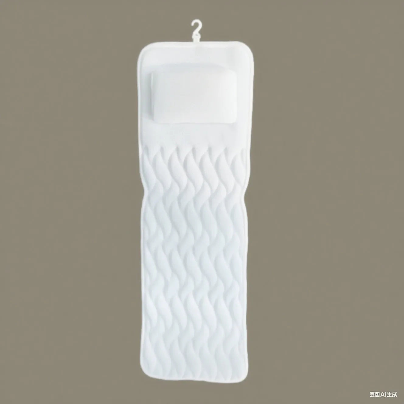 White 4D mesh bathtub pillow with suction cups on a clean bathtub surface.