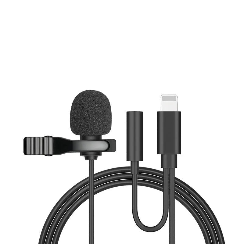 Black wired lavalier clip microphone with in-ear monitors and multiple plug options on a white background.
