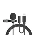 Black wired lavalier clip microphone with in-ear monitors and multiple plug options on a white background.