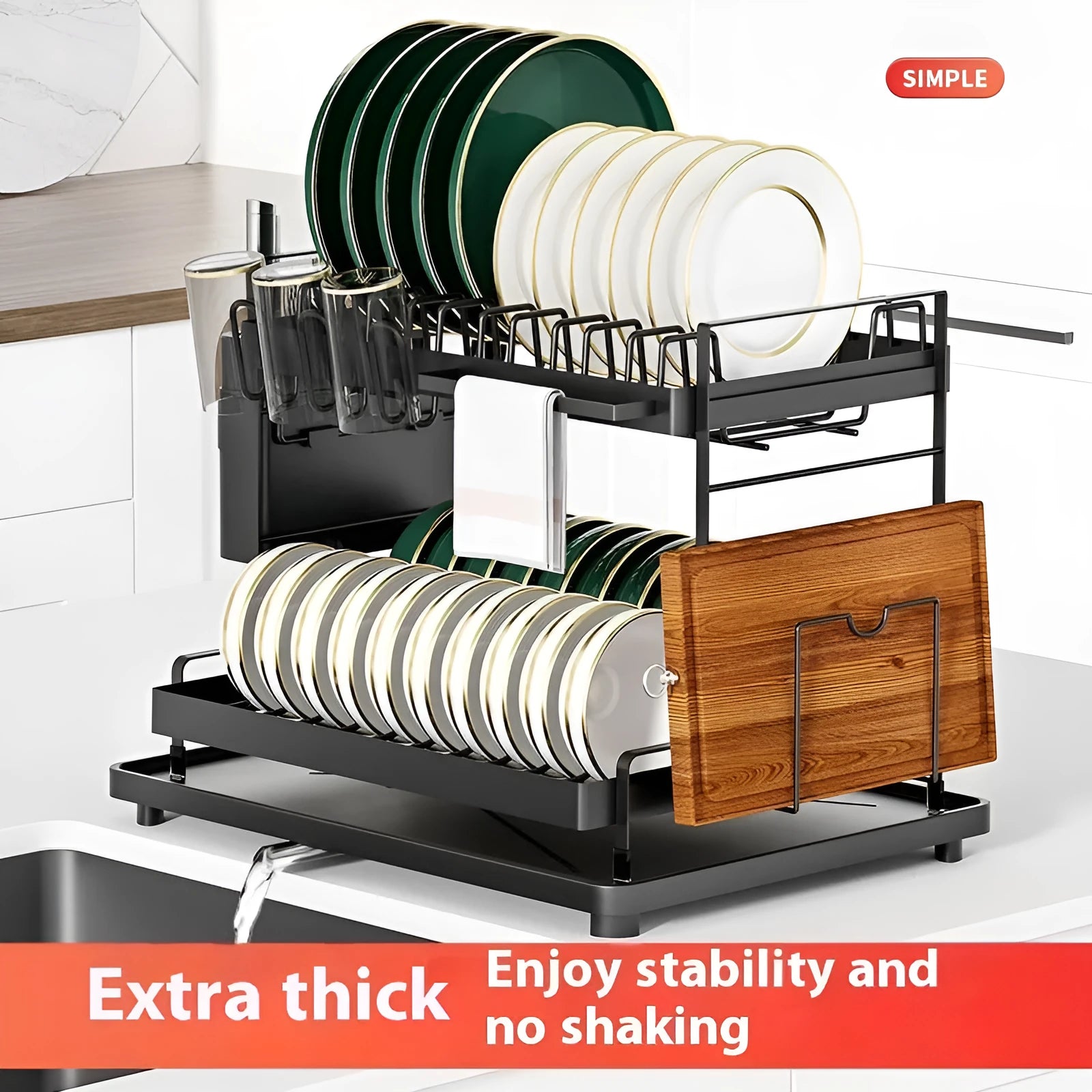 White and black double-layer kitchen storage rack with removable draining function