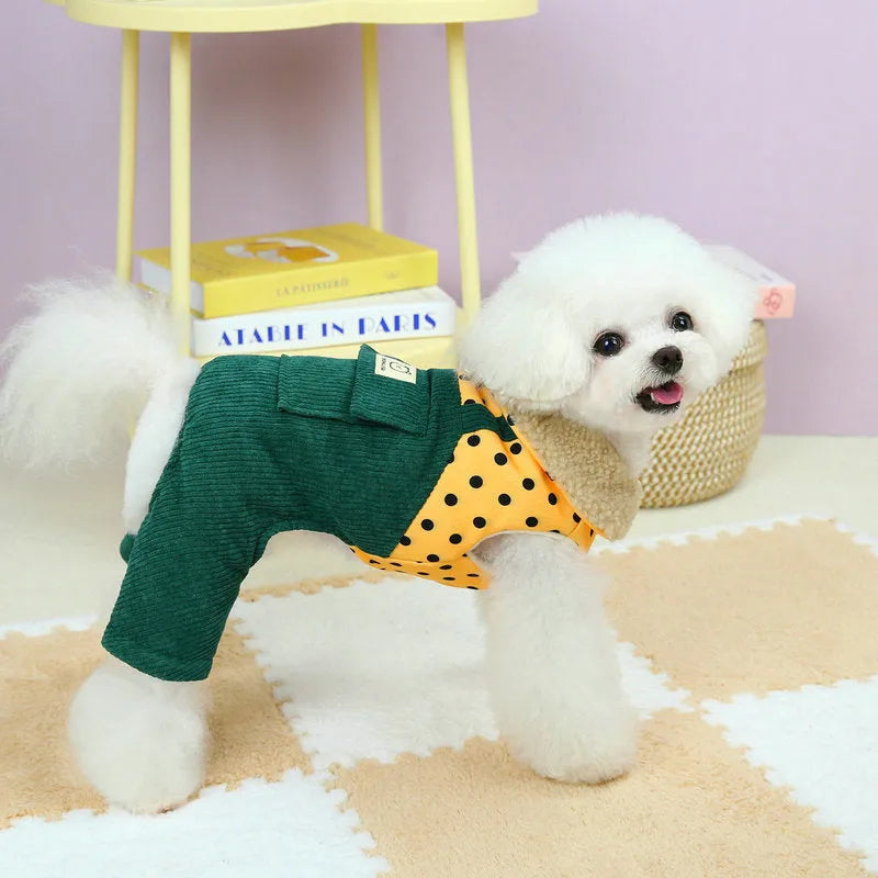Four-legged cotton-padded dog coat in brown, with polyester outer fabric, laid flat on surface