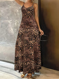 Dark brown leopard print casual dress with sleeveless design and round neckline