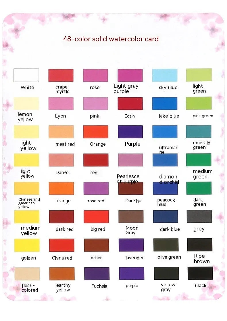 Solid watercolour paint set with 48 colour cakes in a box, including Black Knight, Girl Pink, and Sunshine Blue