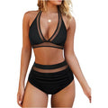 Women's black polyester fibre bikini swimsuit with brief-style bottom on a mannequin.