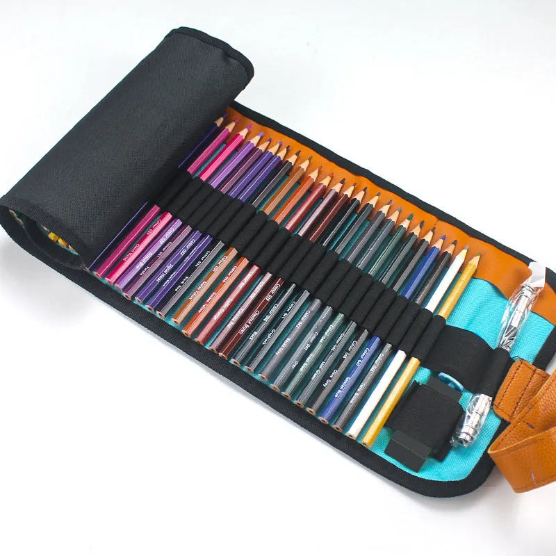 Set of fifty wooden coloured pencils in assorted colours stored in a brown rectangular case.