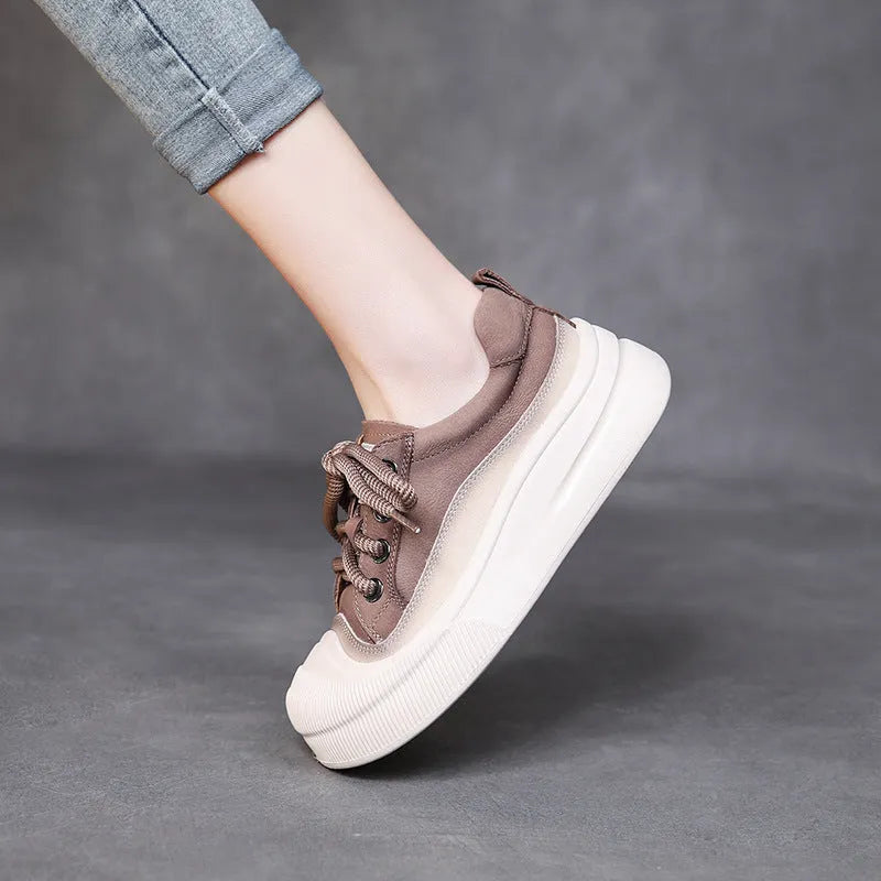Women's full grain cow leather lace-up casual shoes with round toe in yellow and brown colours