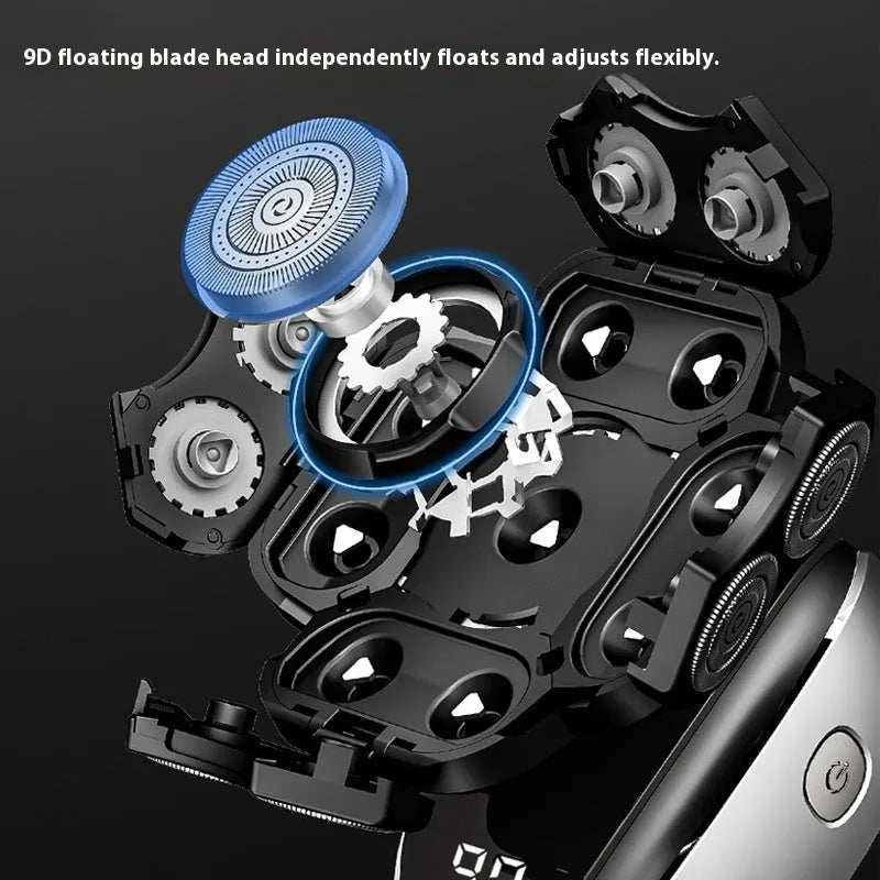 Black rechargeable 6-in-1 hair clipper and beard trimming kit with multiple attachments laid out.