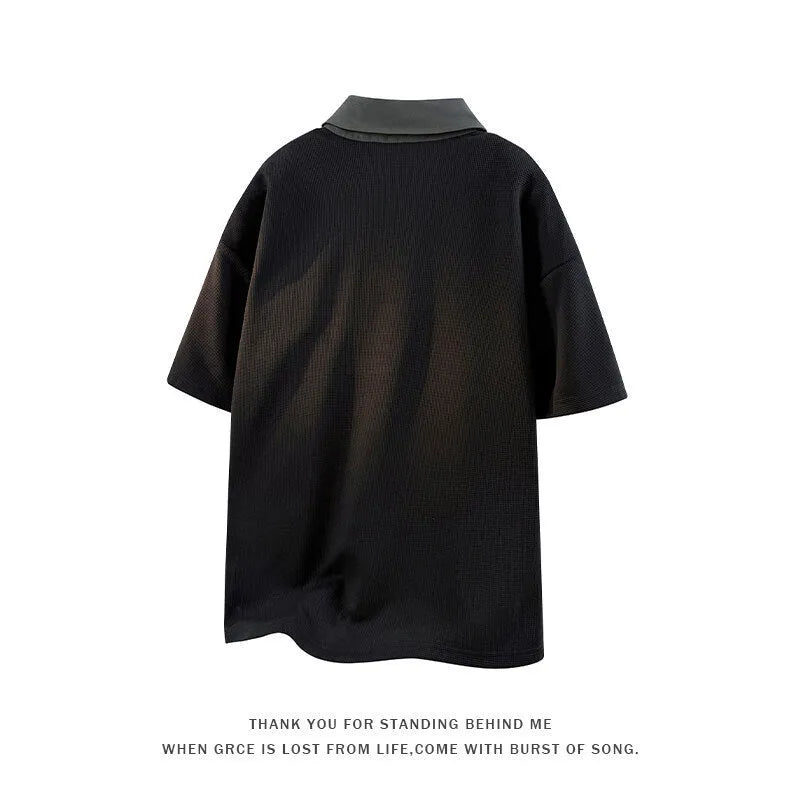 Men's heavy henley collar polo shirt sweater with padding in black spandex fabric
