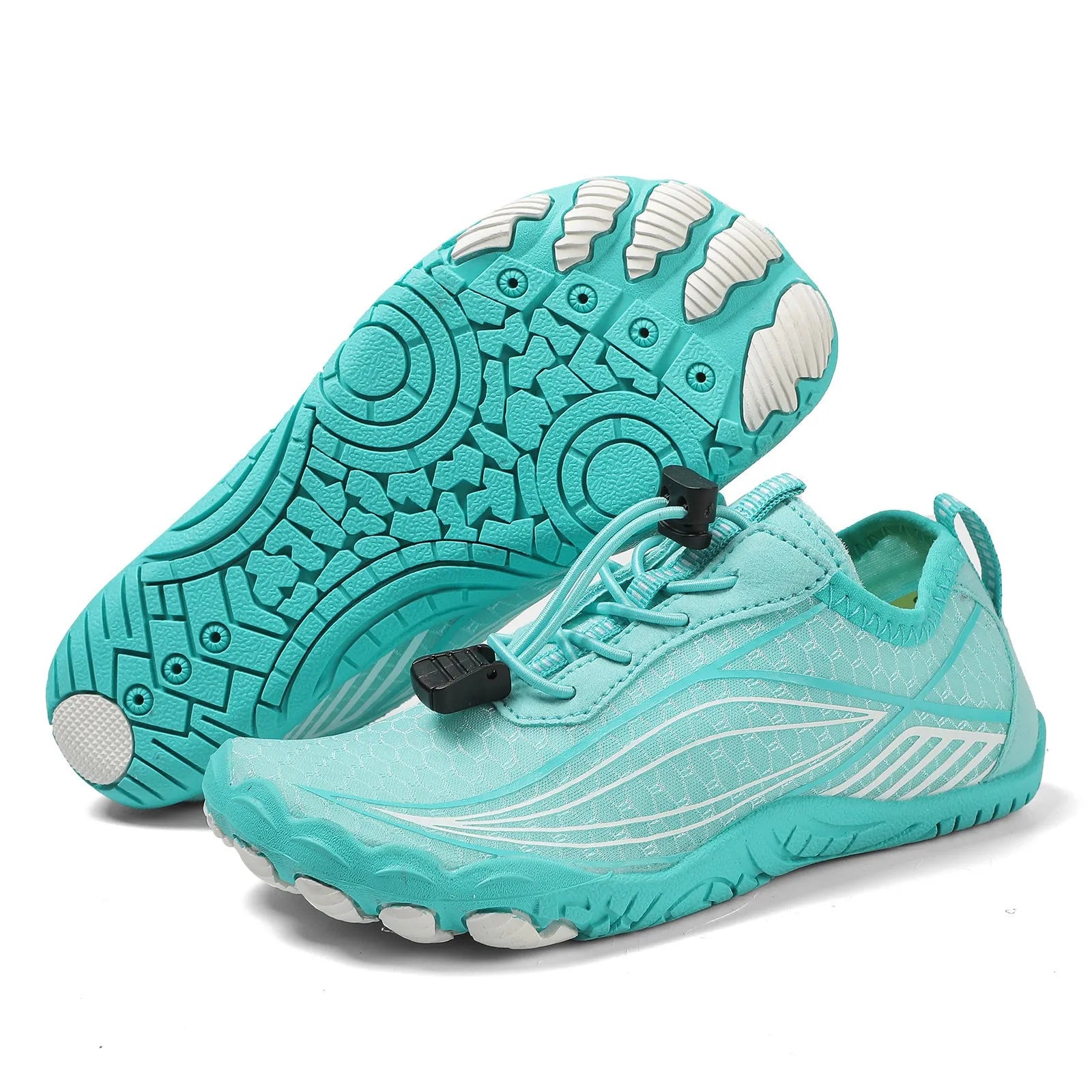 Children's quick-dry wading shoes in blue with rubber sole and elastic band, shown on a child's foot.