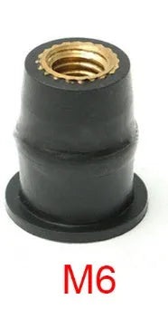 Black rubber and brass expansion well nut fasteners for motorcycle windshield mounting in M4, M5, M6 sizes.