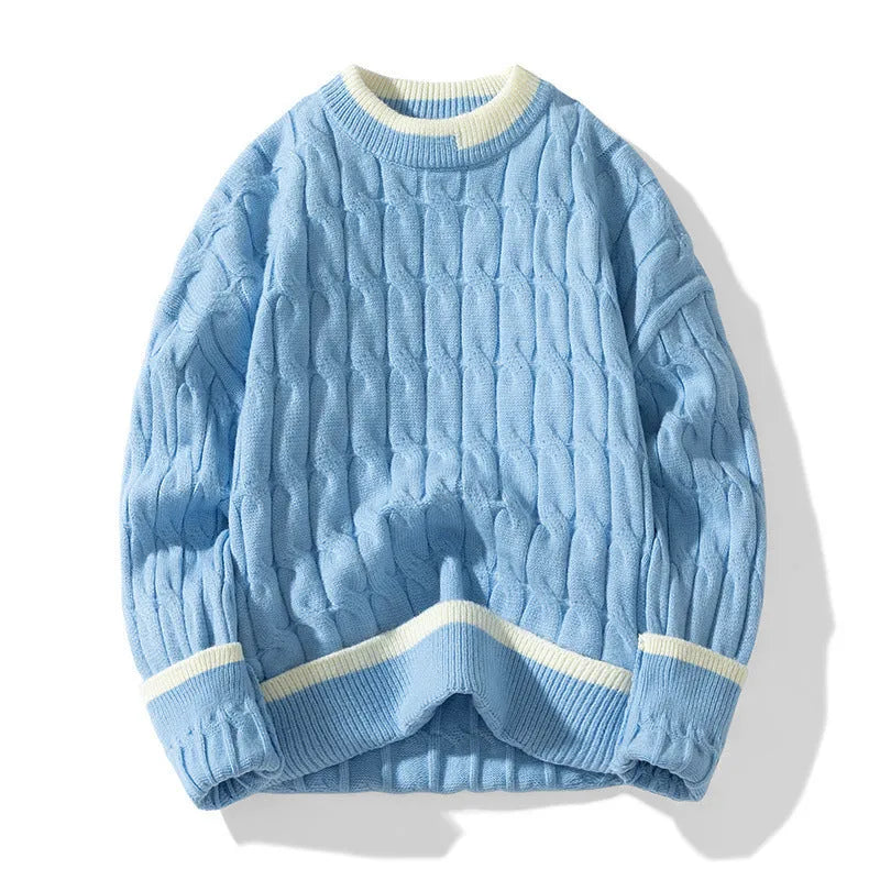 Men's loose fit two piece modal acrylic blend sweater set in light blue on a hanger.