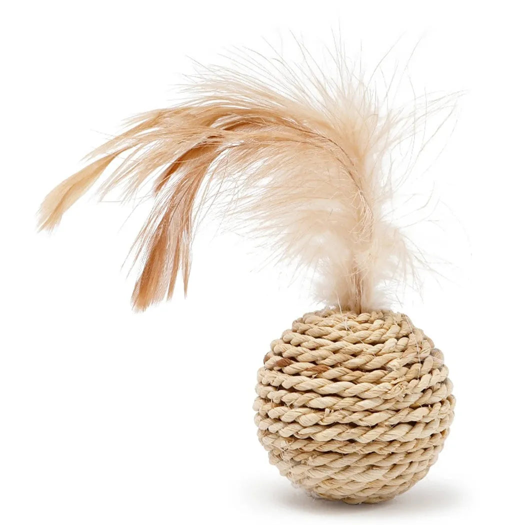 Two cat toys: a hollow rattan ball and a faux feather ball on a plain background