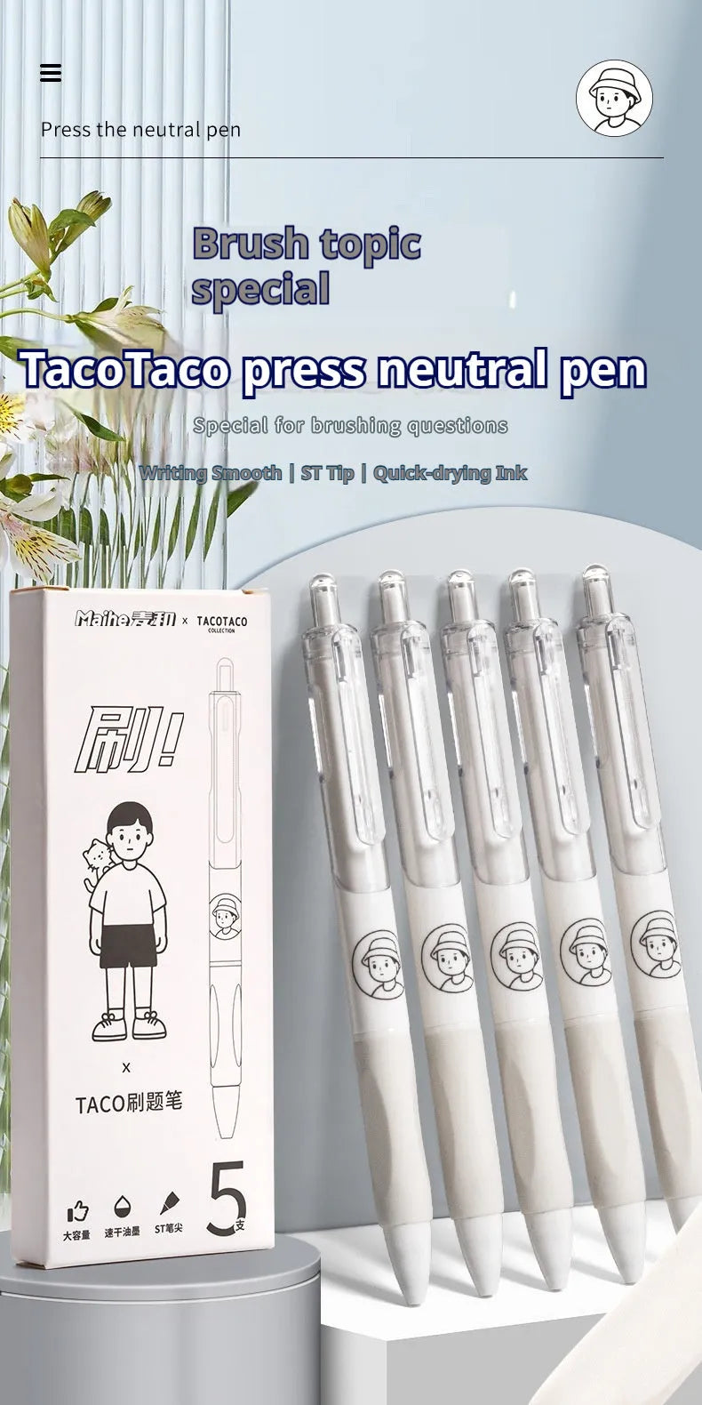Five white and black Taco series 0.5mm press-action ballpoint pens laid side by side.