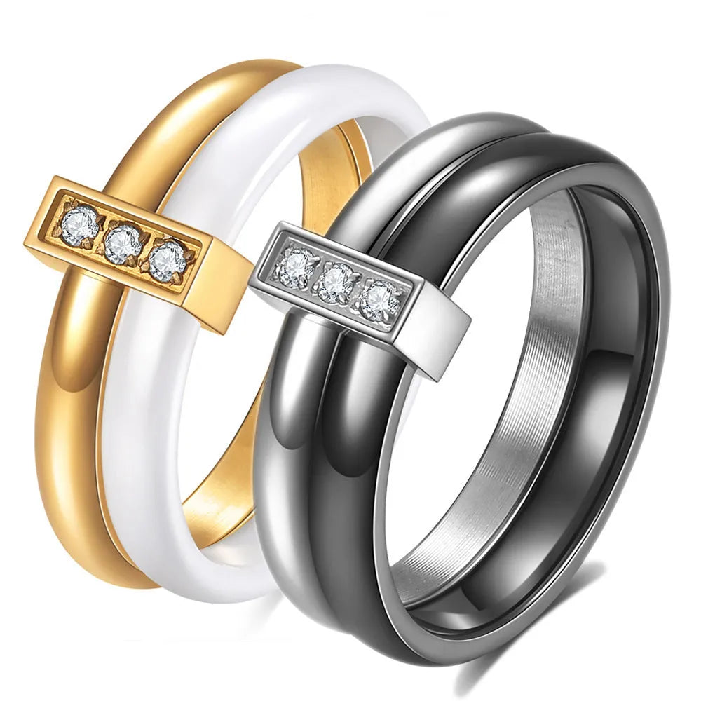 Ceramic women's ring with 6mm geometric band and glossy zirconium stitching in steel black or golden white