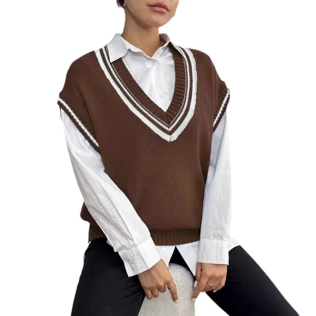 Women's college style wool vest sweater in loose-fitting free size available in blue, coffee and black colours