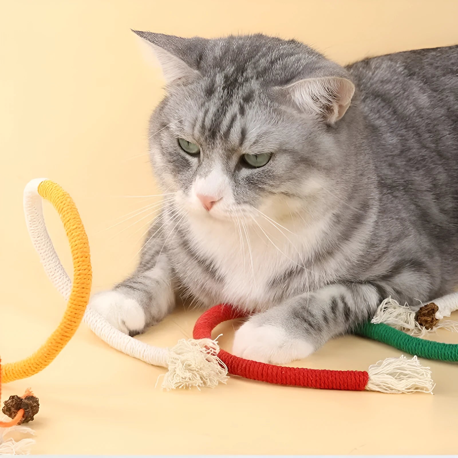 Cat bite rope toy in cotton thread with cat teaser stick, available in full orange absolute purple and traffic lights colours