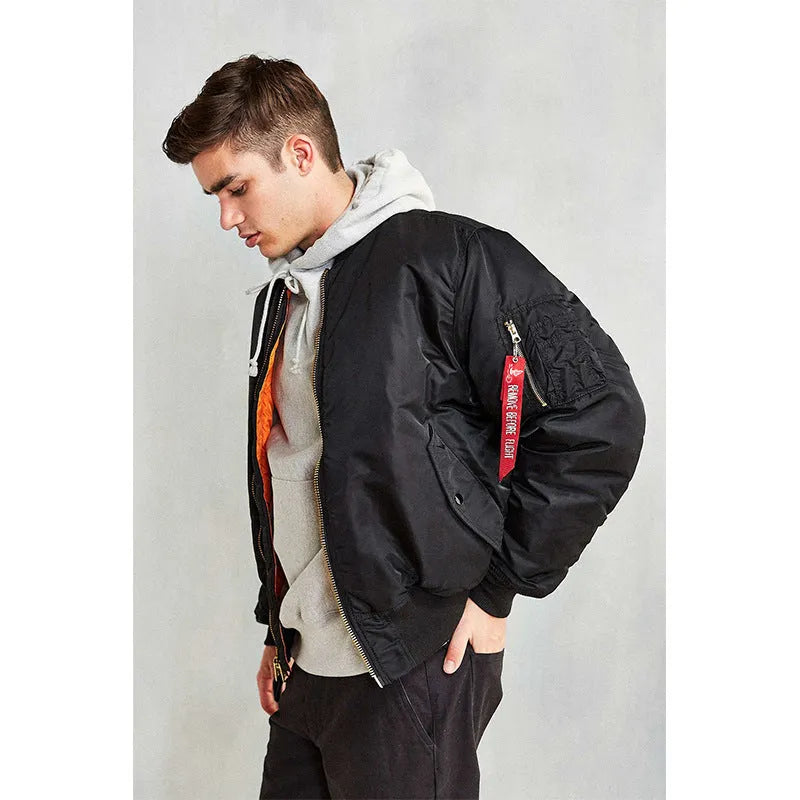 Men's army green loose fit cotton-padded pilot jacket with nylon exterior