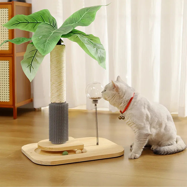 Wooden vertical cat scratching post with canna-coloured centre column and a built-in food drop ball.
