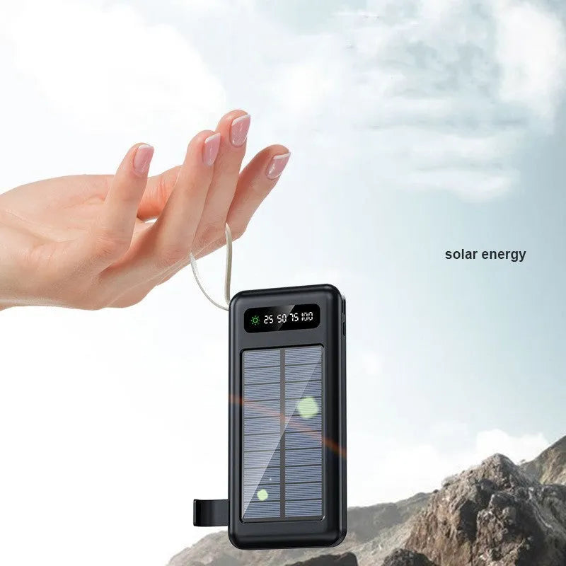 Solar power bank in black or white, showing front panel with solar cells and USB ports.