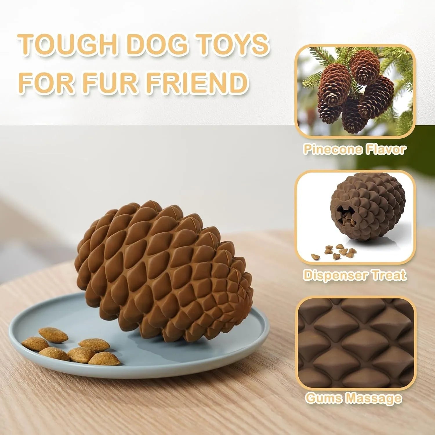 Natural rubber pine cone shaped dog toy with treat dispenser for medium and large aggressive chewers