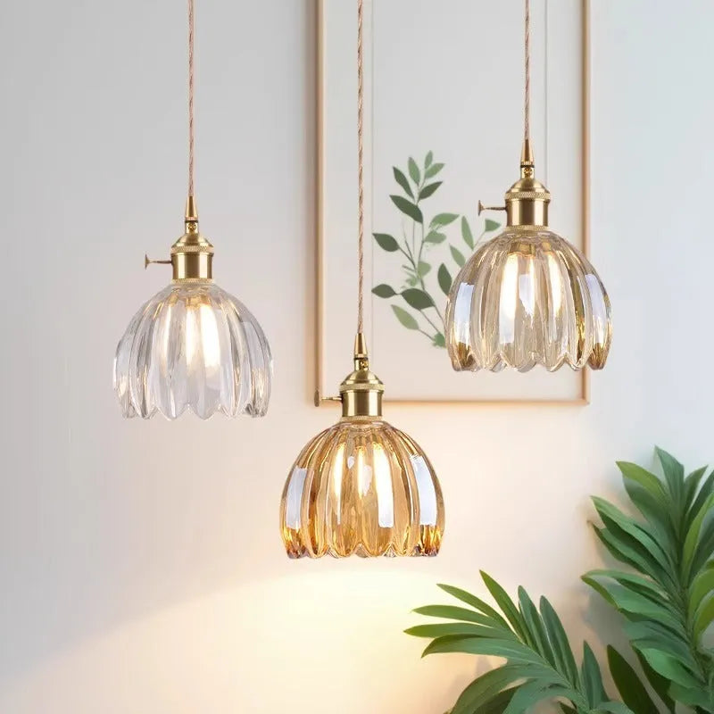 Vintage Nordic style glass flower chandelier with coloured glass shades for bedroom bedside lighting