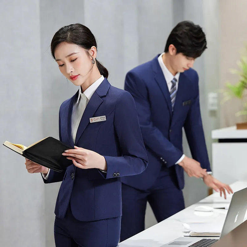Unisex polyester work suit set with long sleeve jacket and trousers in black, front view