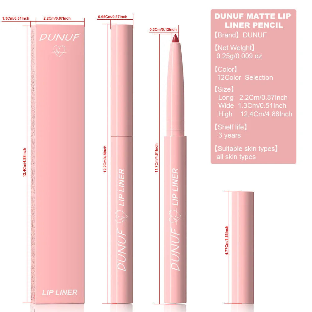 Velvet matte lip liner pencil in 12 colour shades for precise lip definition