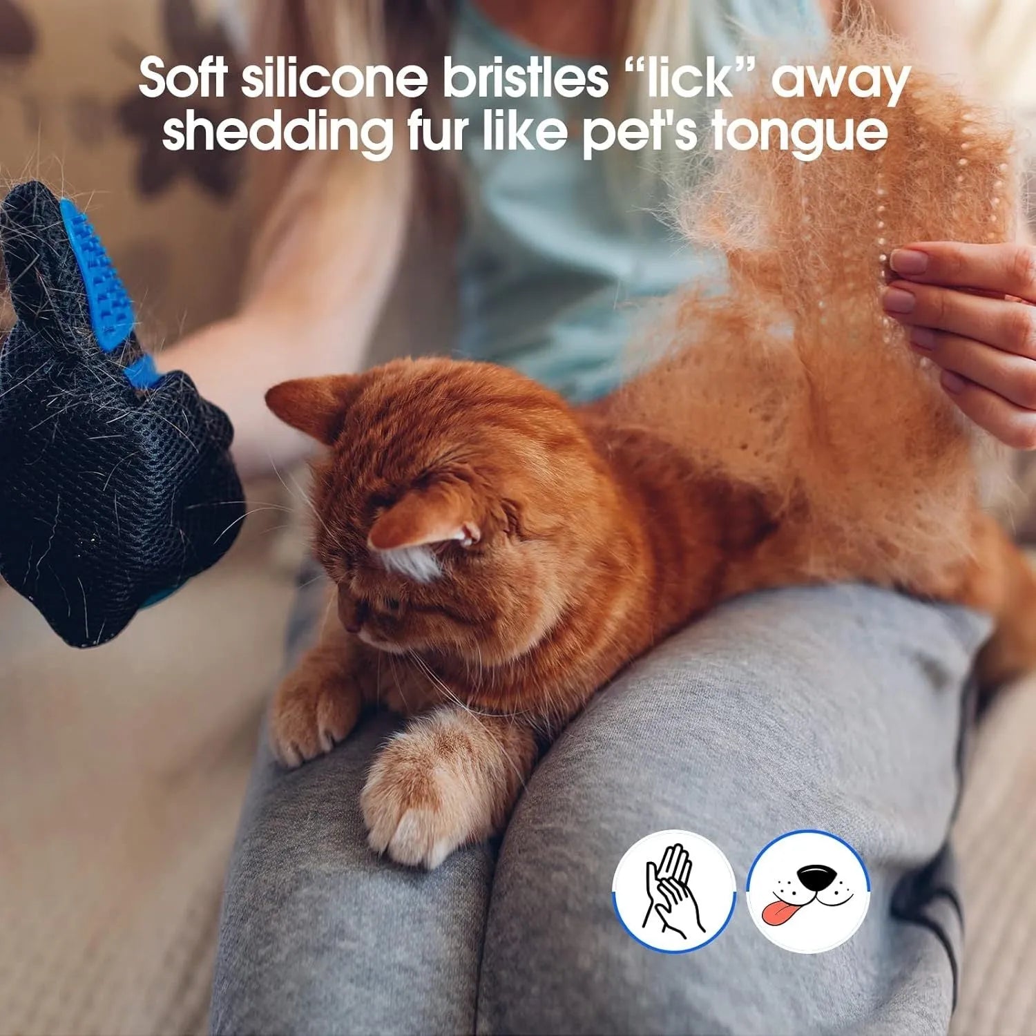 Blue pet grooming gloves with silicone tips for gentle hair removal during brushing and washing