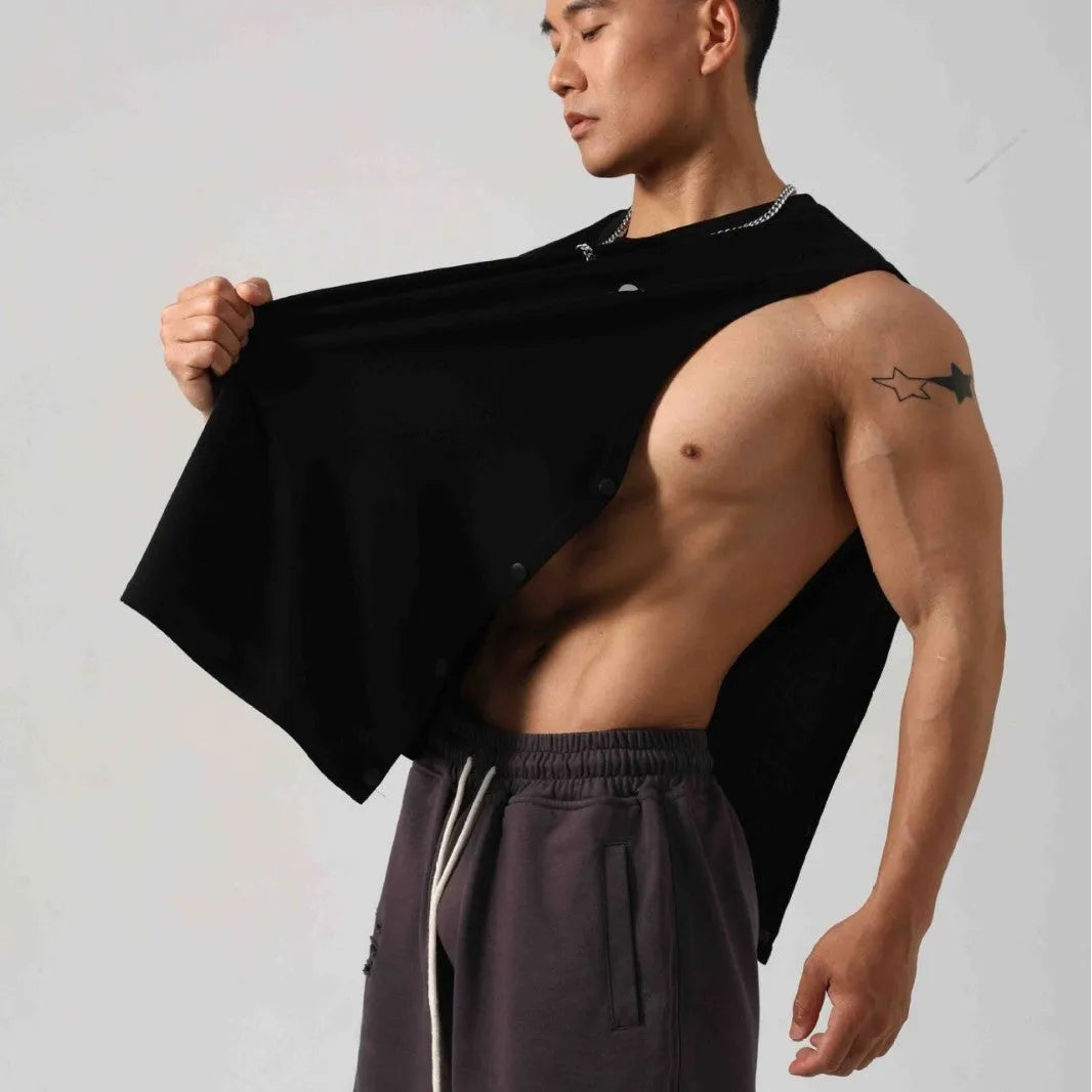 Men's loose grey cotton fitness vest with a hidden hook opening at the front.