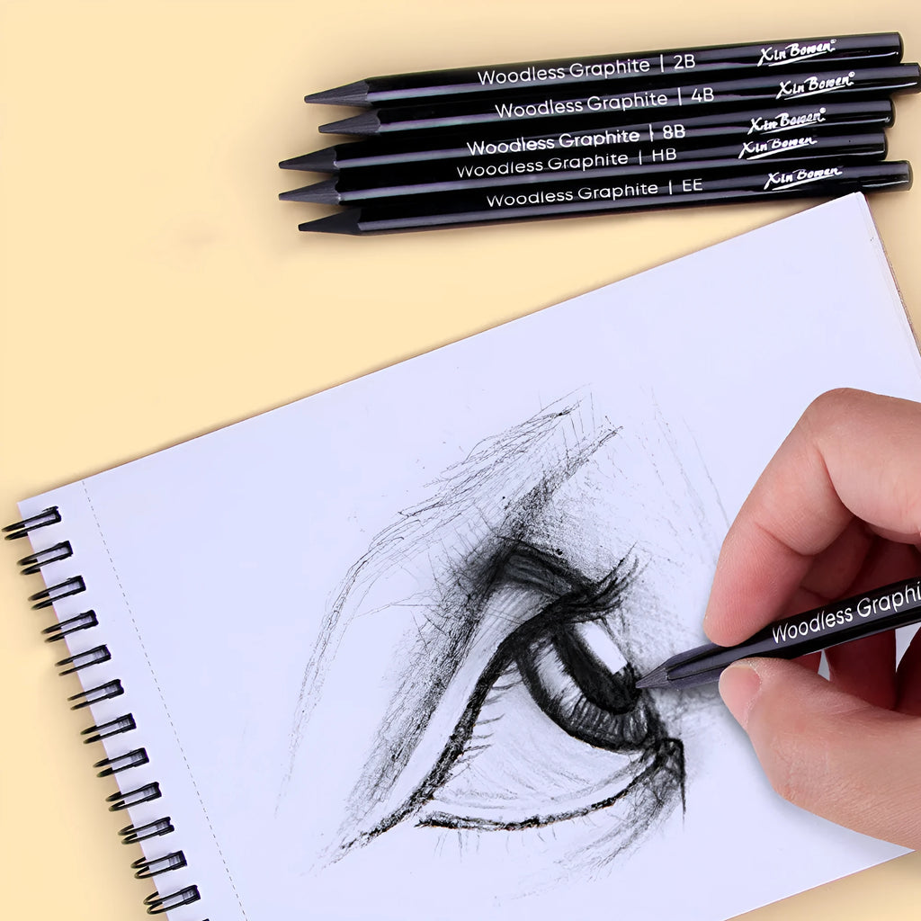 Set of wood-free graphite sketching pencils in six hardness grades for drawing and art