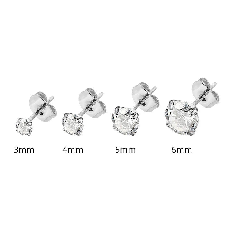 A pair of stainless steel geometric square zircon stud earrings on a plain background.