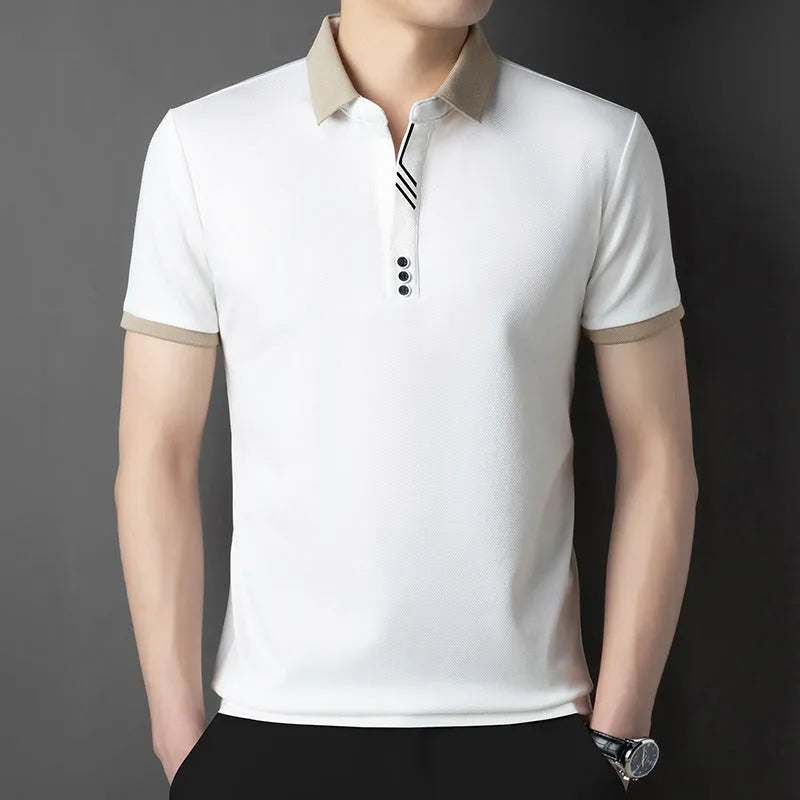 Summer lapels short-sleeved T-shirt for men, solid colour, asymmetric hem, available in green, white, red, black, khaki, and grey from 2504 and 2430 series.