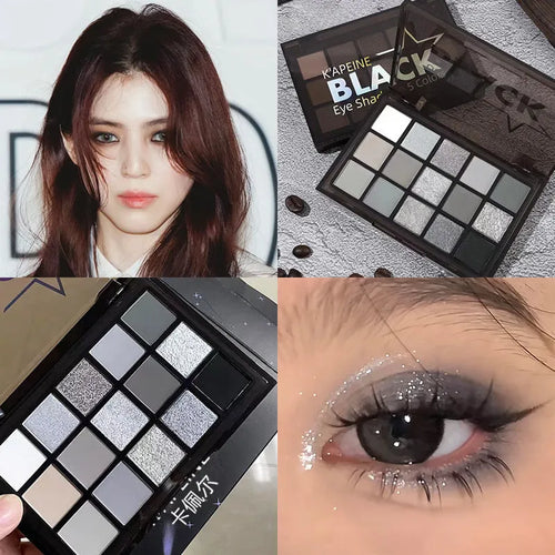 15-colour matte and shimmer eye shadow palette with grey, black and brown tones for smoky makeup