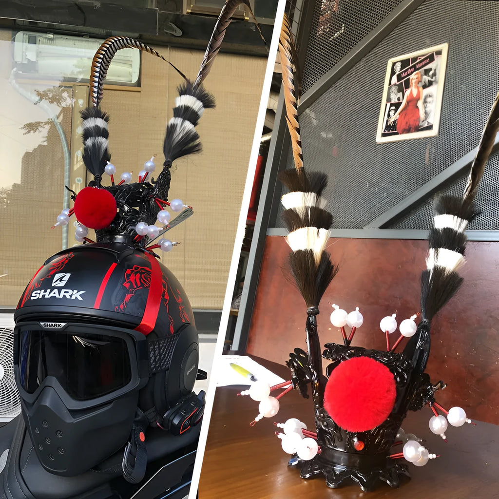 Golden crown feather motorcycle helmet decoration with multiple feather length options